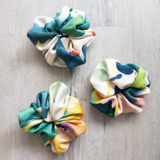 Abstract Watercolour upcycled vintage Japanese obi scrunchie