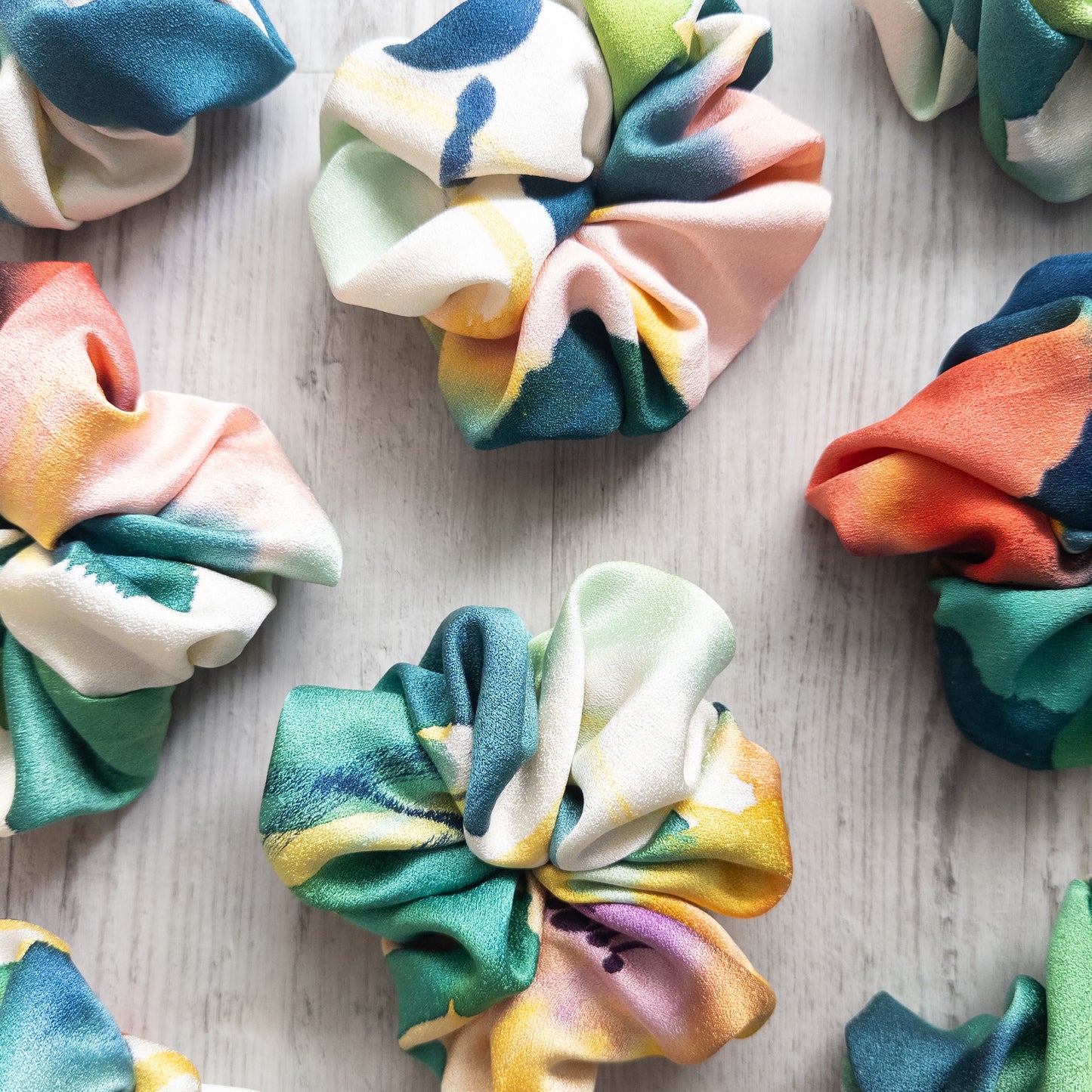 Abstract Watercolour upcycled vintage Japanese obi scrunchie